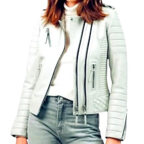 *Boda Skins Kay Michaels Leather Quilted Asymmetric Zipper Moto Biker Jacket, Size UK10 (US6)