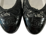 *Chanel Patent Leather & Tweed Interlocking CC Logo Cap Toe Bow Trim Ballet Flats, Size 36.5