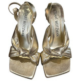 *Stuart Weitzman Playa Metallic Leather Square Toe Knotted Ankle Strap Stiletto Sandals, Size 8.5