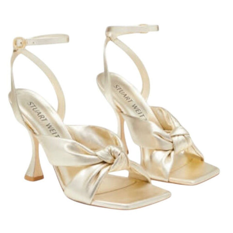 *Stuart Weitzman Playa Metallic Leather Square Toe Knotted Ankle Strap Stiletto Sandals, Size 8.5