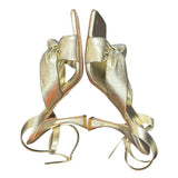 *Stuart Weitzman Playa Metallic Leather Square Toe Knotted Ankle Strap Stiletto Sandals, Size 8.5