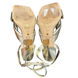 *Stuart Weitzman Playa Metallic Leather Square Toe Knotted Ankle Strap Stiletto Sandals, Size 8.5