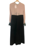 *NWT Bally Mixed Silk Sheer Georgette & Crepe Long Sleeve Round Neck Bow Trim Maxi Dress, Size 6