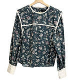 *Isabel Marant Casey Cotton Poplin Floral Silk Trim Detail Long Sleeve Round Neck Popover Top, Size FR40=US 8