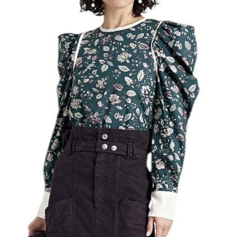 *Isabel Marant Casey Cotton Poplin Floral Silk Trim Detail Long Sleeve Round Neck Popover Top, Size FR40=US 8