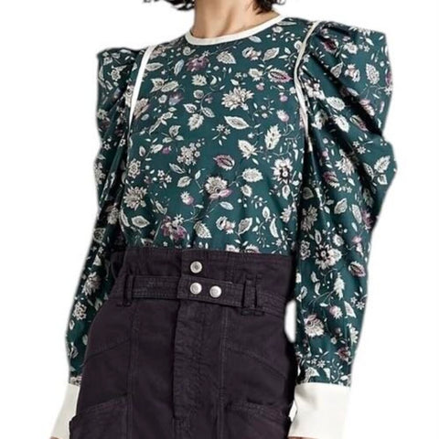 *Isabel Marant Casey Cotton Poplin Floral Silk Trim Detail Long Sleeve Round Neck Popover Top, Size FR40=US 8