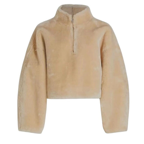 *NWT FRAME Faux Fur Balloon Sleeve Mock Neck Half Zip Popover Jacket, Size S