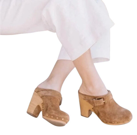 *Veronica Beard Dacey Suede Shearling Lined Gold Studs Wood Heel Platform Clogs, Size 7