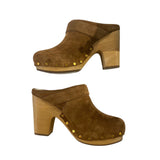 *Veronica Beard Dacey Suede Shearling Lined Gold Studs Wood Heel Platform Clogs, Size 7
