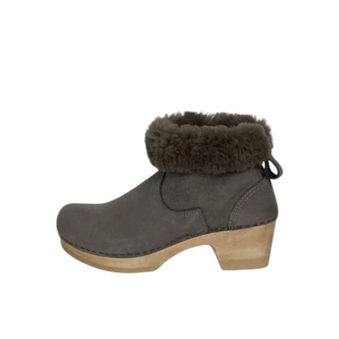*No. 6 Pull-On Shearling Clog Suede & Shearling Wood Platform Mid Heel Ankle Boot, Size 38