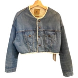 *NWT Denimist Denim Faux Shearling Collarless Snap Front Cropped Trucker Sherpa Jacket, Size XS