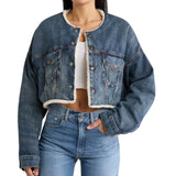*NWT Denimist Denim Faux Shearling Collarless Snap Front Cropped Trucker Sherpa Jacket, Size XS