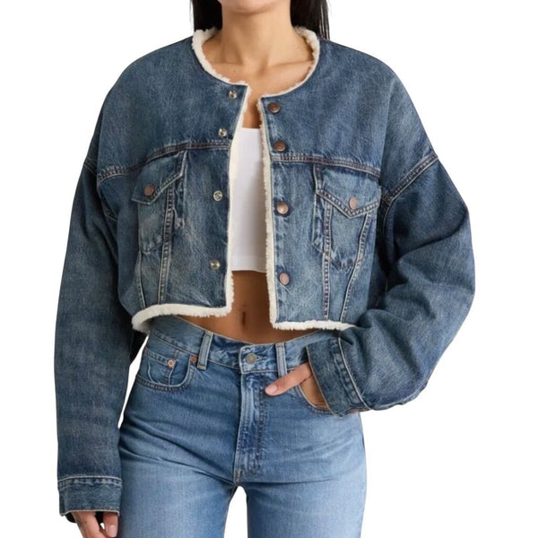 *NWT Denimist Denim Faux Shearling Collarless Snap Front Cropped Trucker Sherpa Jacket, Size XS