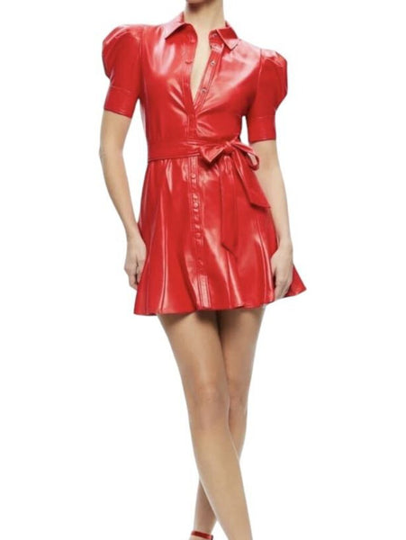 *Alice + Olivia Lurlene Faux Leather Puff Sleeve Collared Snap Fastened Belted Mini Dress, Size 4