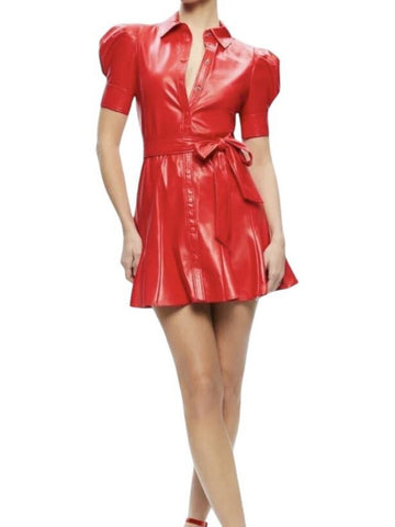 *Alice + Olivia Lurlene Faux Leather Puff Sleeve Collared Snap Fastened Belted Mini Dress, Size 4