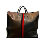 *Clare V. Simple Tote Metallic Leather Contrast Racing Stripe Trim Dual Top Handle Shoulder Strap Tote Bag