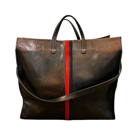 *Clare V. Simple Tote Metallic Leather Contrast Racing Stripe Trim Dual Top Handle Shoulder Strap Tote Bag