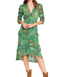 *ba&sh Happy Abstract Floral 3/4 Sleeve V-Neck Tiered Ruffle Midi Dress NWT, Size M