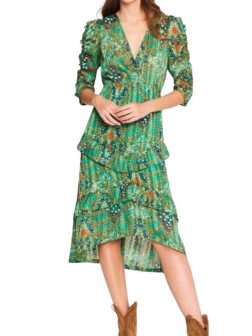 *ba&sh Happy Abstract Floral 3/4 Sleeve V-Neck Tiered Ruffle Midi Dress NWT, Size M