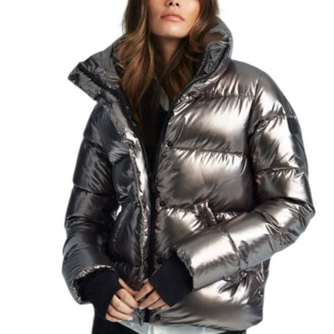 *Intermix Metallic Rib Trim Funnel Neck Zip-Up Puffer Jacket, Size L