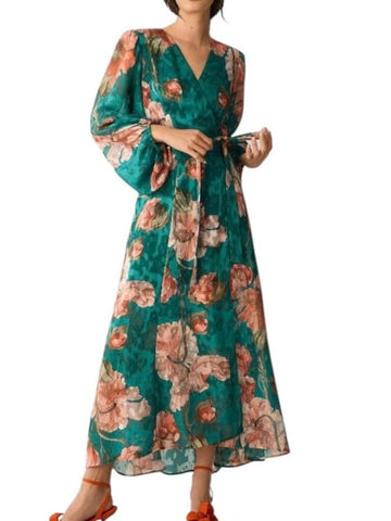 *Hutch Lindi Textured Chiffon Floral Balloon Sleeve Tie Waist Wrap Midi Dress, Size M