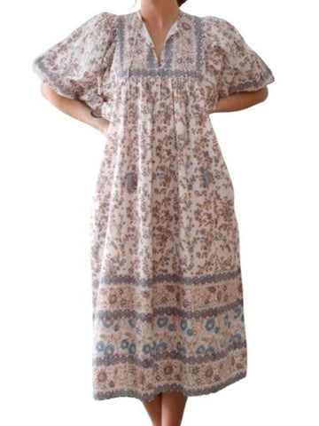 *Mille Saffron Cotton Floral Elbow Sleeve Tassel Tie Split Neck Empire Waist Midi Dress, Size L