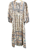 *Mille Saffron Cotton Floral Elbow Sleeve Tassel Tie Split Neck Empire Waist Midi Dress, Size L