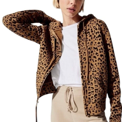 *Nili Lotan Callie Leopard Long Sleeve Zip Front Hoodie Sweatshirt Jacket, Size XS