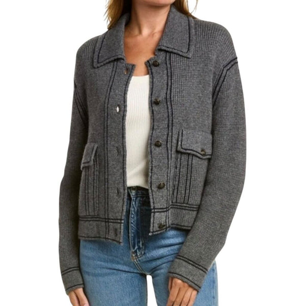 *Autumn Cashmere Cashmere & Wool Blend Knit Tipped Metal Button Oversized Trucker Jacket, Size XS
