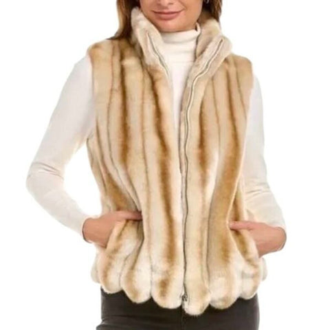 ^NWT Frances Valentine Faux Fur Scallop Hem Zip-Front Mock Neck Vest, Size S