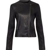 *Vince Cross-Front Lambs Leather Collarless Round Neck Asymmetric Zipper Jacket, Size M