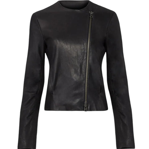 *Vince Cross-Front Lambs Leather Collarless Round Neck Asymmetric Zipper Jacket, Size M