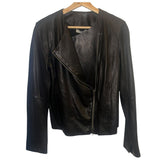 *Vince Cross-Front Lambs Leather Collarless Round Neck Asymmetric Zipper Jacket, Size M