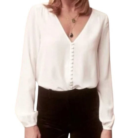 *Sezane Heloise Crepe Long Raglan Sleeve V-Neck Faux Button-Up Blouse Top, Size FR44 (US12)