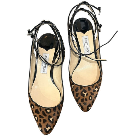 *Jimmy Choo Daniela 30 Ponyhair Leopard Studded Ankle Straps Block Heel Pumps, Size 40