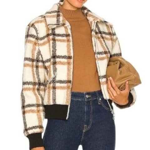*Jonathan Simkhai Pia Wool Blend Plaid Wide Collar Zip-Up Cropped Bomber Jacket, Size S
