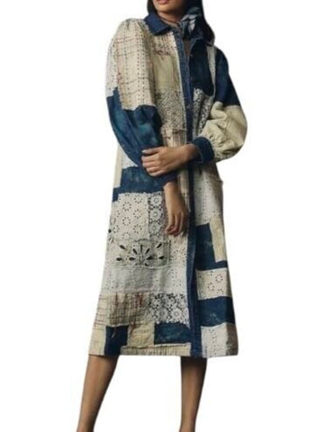 ^NWT Letmebe Cotton Denim Patchwork Button-Up Midi Dress Duster Coat, Size XS
