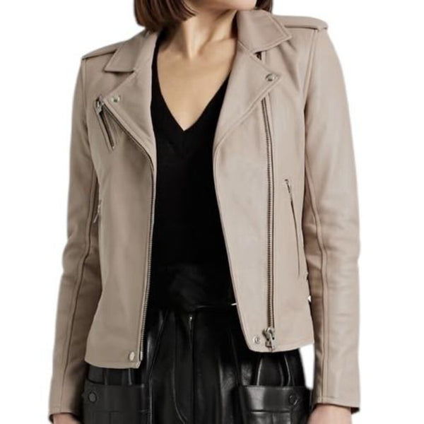 *IRO Paris Han Lamb Leather Asymmetric Zip Buckle Side Waist Biker Moto Jacket, Size FR40=8