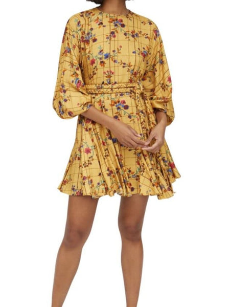 *Rhode Resort Ella Trellis Floral Dolman Long Sleeve Round Neck Braided Belt Full Mini Dress, Size S