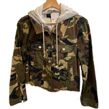 *NWT Veronica Beard Cara Cotton Denim Camo Removable Hoodie Dickey Trucker Jacket, Size L