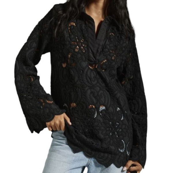 *NWT Especia (Anthro) Cotton Eyelet Long Sleeve Collared Split Neck Popover Top, Size S