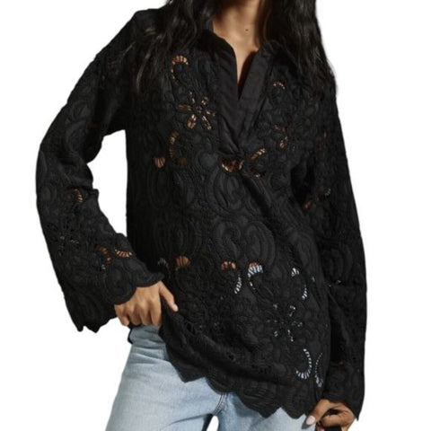 *NWT Especia Moss Cotton Eyelet Long Sleeve Collared Split Neck Popover Top, Size S