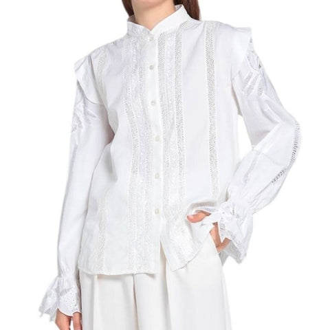 *Etro Morgan Eyelet Cotton Silk Embroidered Inset Trim Long Sleeve Button-Up Top, Size IT40=4