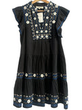 *Sea NY Shaina Flutter Sleeve Cotton & Linen Embroidered Split Neck Tiered Mini Dress, Size S