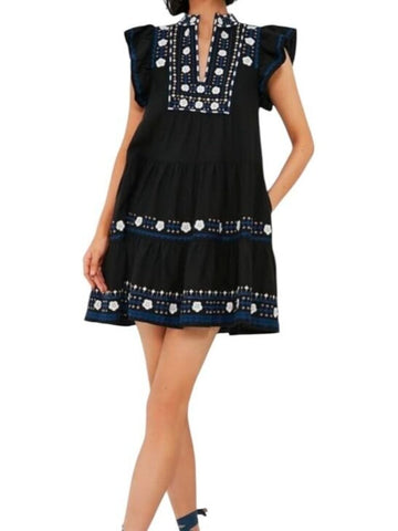 *Sea NY Shaina Flutter Sleeve Cotton & Linen Embroidered Split Neck Tiered Mini Dress, Size S