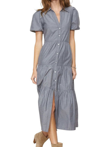 *Brochu Walker Havana Puff Sleeve Collared V-Neck Button-Up Tiered Midi Dress, Size L