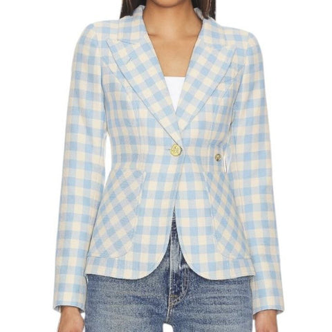 *Smythe Patch Pocket Duchess Cotton Blend Check Leather Elbow Notch Lapel One-Button Blazer, Size 4