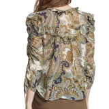 *Veronica Beard Howell Silk Paisley Ruffle Trim Cinched 3/4 Sleeve Round Neck Tie Back Top, Size 4