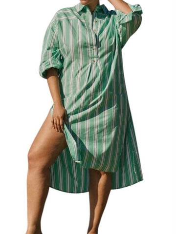 *NWT Anthropologie Stripe Long Sleeve Collared Side Slits Cover-Up Shirt Dress, Size S/M