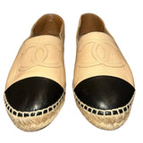 *CHANEL Lambskin Leather Embroidered CC Logo Contrast Cap Toe Espadrille Flats, Size 38